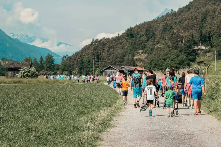 Menschenmenge wandert auf einem Forstweg